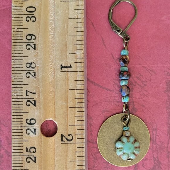 Czech CACTUS FLOWER Fire polish Picasso Bead Earrings Bronze Brass Lever Back - Picture 5 of 5